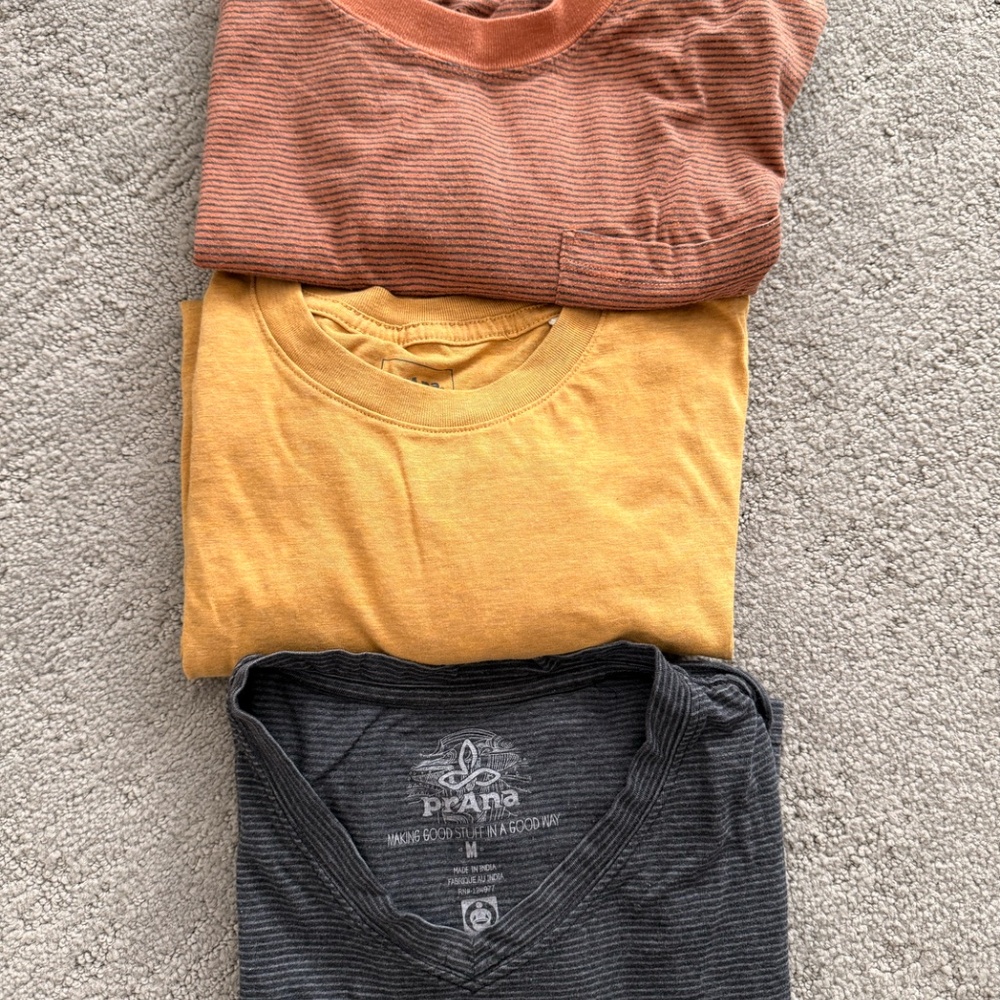 SET of THREE PRANA Mens T Shirts Sz M : Orange stripe, Mustard & charcoal stripe